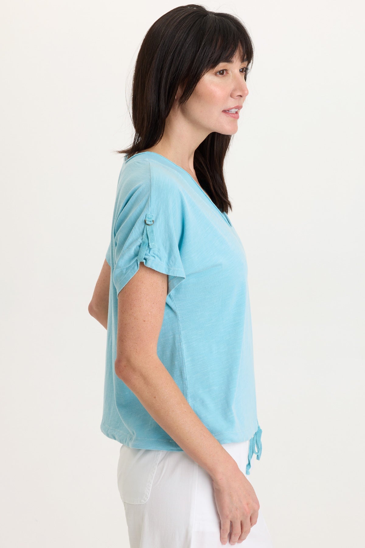 Knit Bower Cinchable Hem Tabbed Short Sleeves V-Neck Top Mermaid Tail Pigment - XCVI