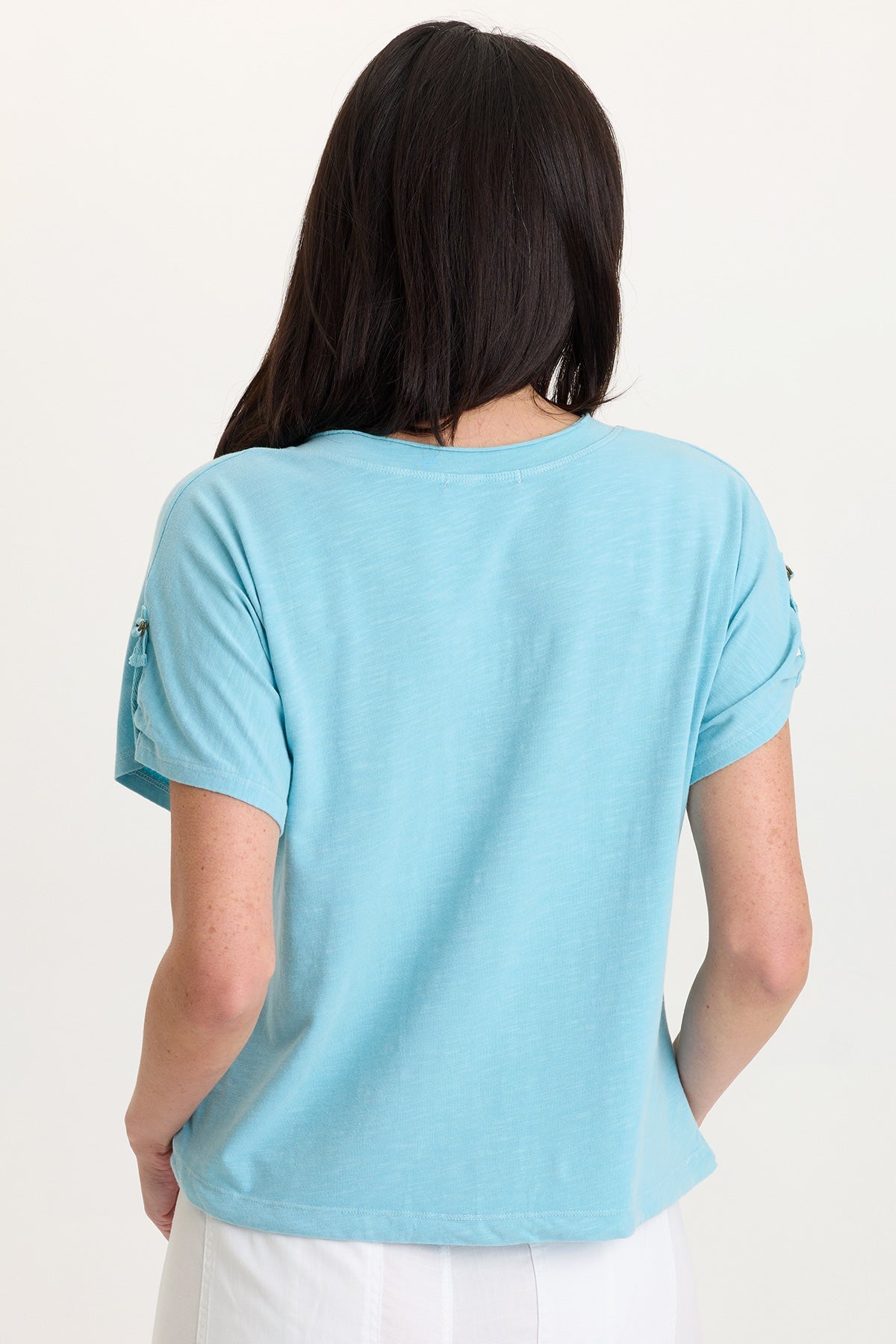 Knit Bower Cinchable Hem Tabbed Short Sleeves V-Neck Top Mermaid Tail Pigment - XCVI