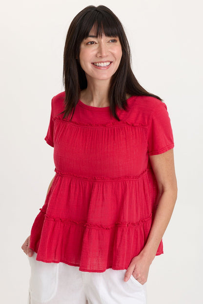 Balinda 100% Cotton Gauze Short Sleeve Babydoll Tiered Panels Top San Marzano Pigment - XCVI