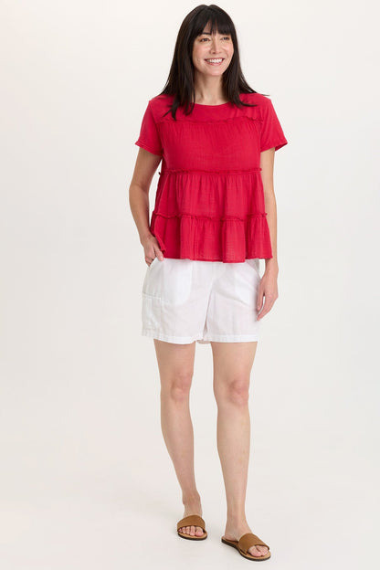 Balinda 100% Cotton Gauze Short Sleeve Babydoll Tiered Panels Top San Marzano Pigment - XCVI