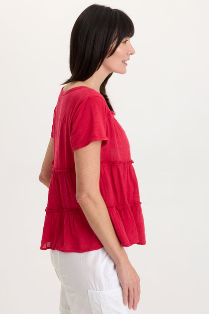 Balinda 100% Cotton Gauze Short Sleeve Babydoll Tiered Panels Top San Marzano Pigment - XCVI