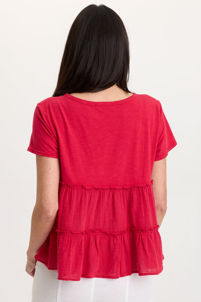 Balinda 100% Cotton Gauze Short Sleeve Babydoll Tiered Panels Top San Marzano Pigment - XCVI