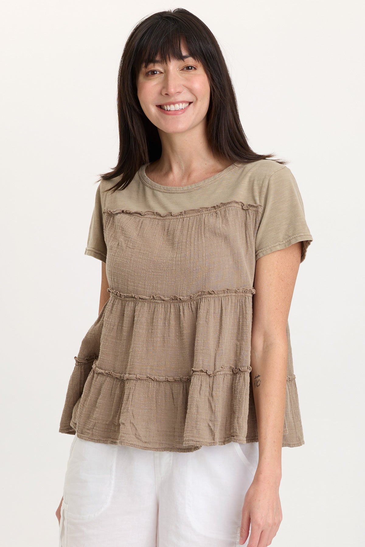 Balinda 100% Cotton Gauze Short Sleeve Babydoll Tiered Panels Top Roadside Pigment - XCVI