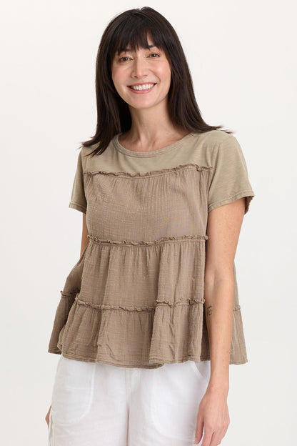 Balinda 100% Cotton Gauze Short Sleeve Babydoll Tiered Panels Top Roadside Pigment - XCVI