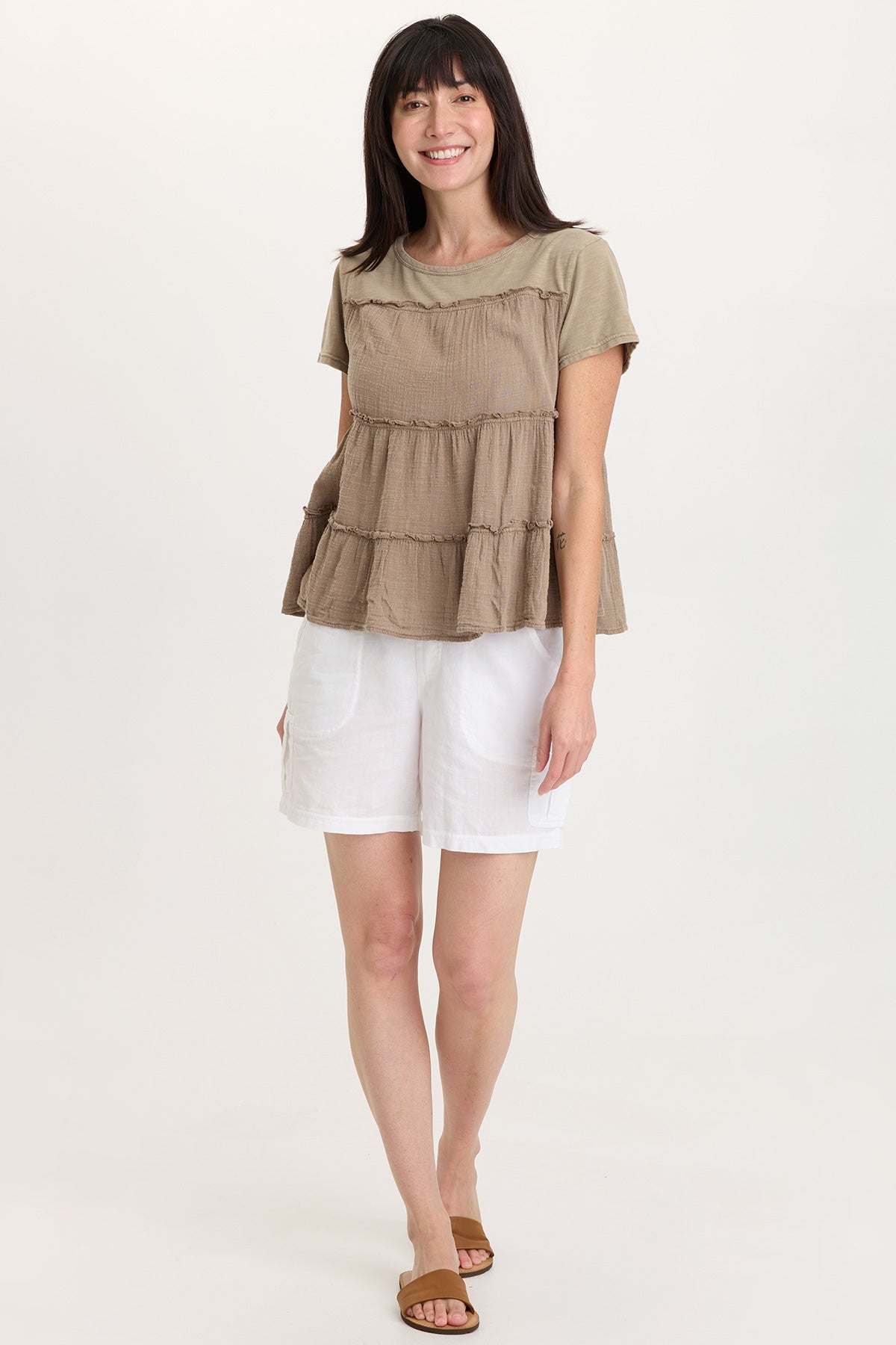 Balinda 100% Cotton Gauze Short Sleeve Babydoll Tiered Panels Top Roadside Pigment - XCVI