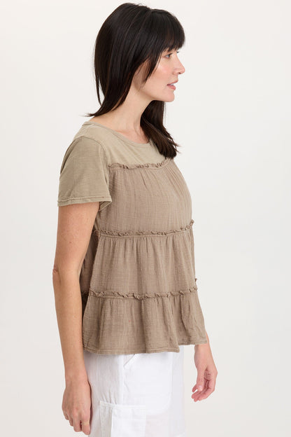Balinda 100% Cotton Gauze Short Sleeve Babydoll Tiered Panels Top Roadside Pigment - XCVI