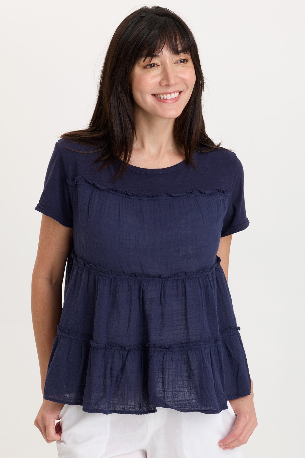 Balinda 100% Cotton Gauze Short Sleeve Babydoll Tiered Panels Top Navy - XCVI