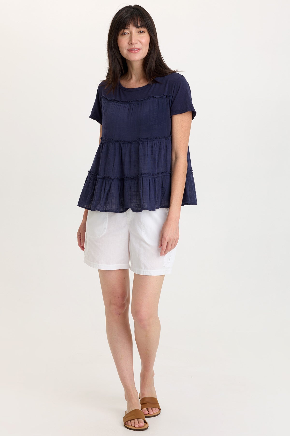 Balinda 100% Cotton Gauze Short Sleeve Babydoll Tiered Panels Top Navy - XCVI