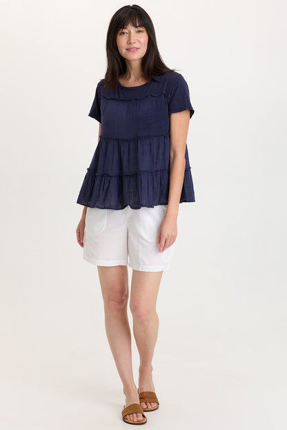 Balinda 100% Cotton Gauze Short Sleeve Babydoll Tiered Panels Top Navy - XCVI