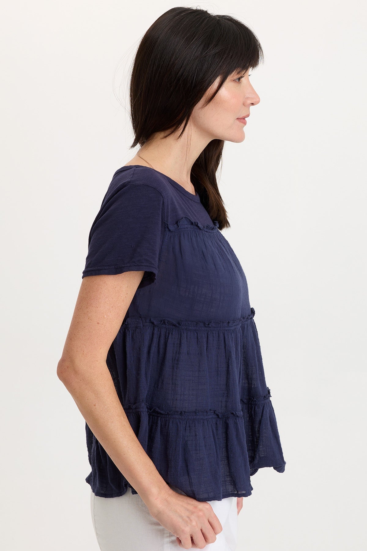Balinda 100% Cotton Gauze Short Sleeve Babydoll Tiered Panels Top Navy - XCVI