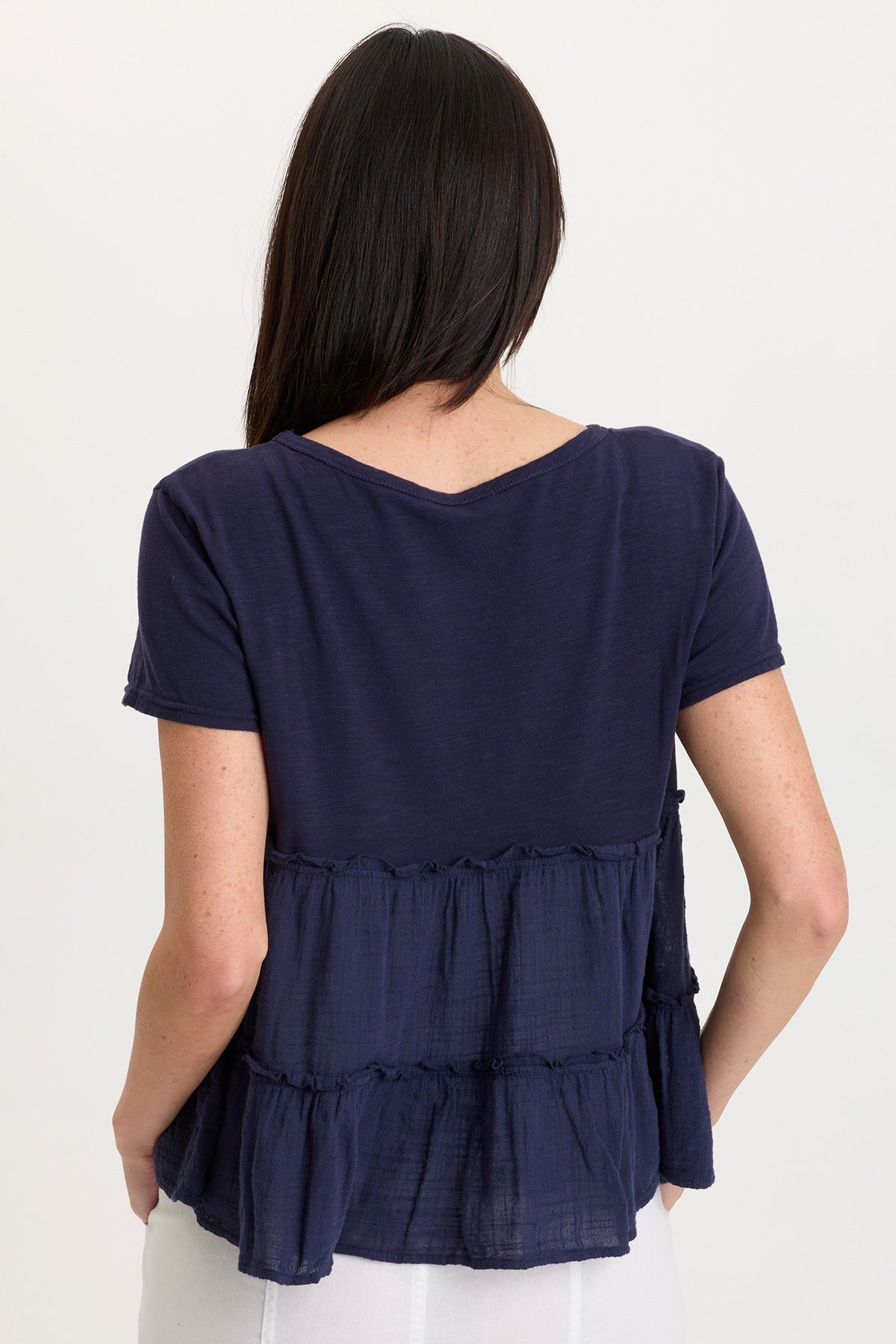 Balinda 100% Cotton Gauze Short Sleeve Babydoll Tiered Panels Top Navy - XCVI