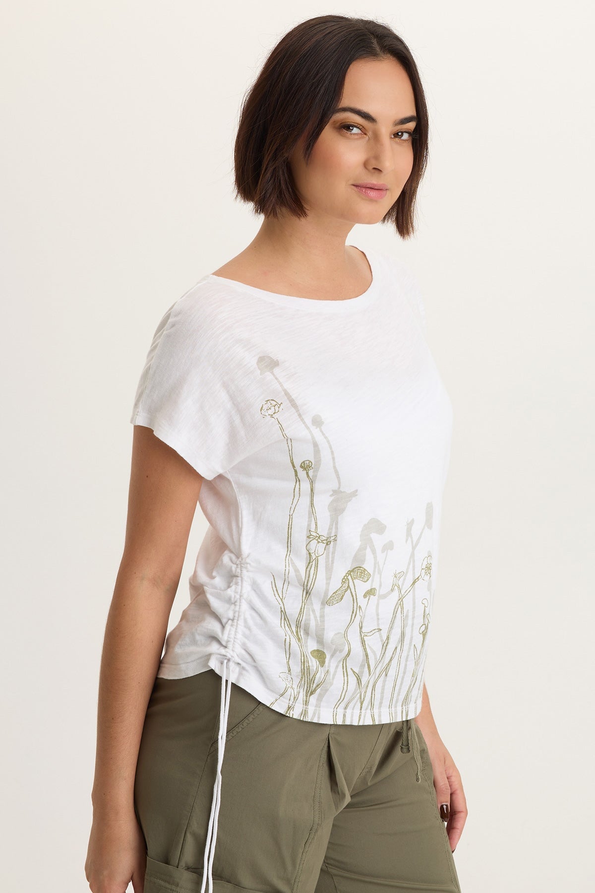 Printed Cohn Cotton Modal Jersey Cinchable Side Scoop Neck Tee White - XCVI