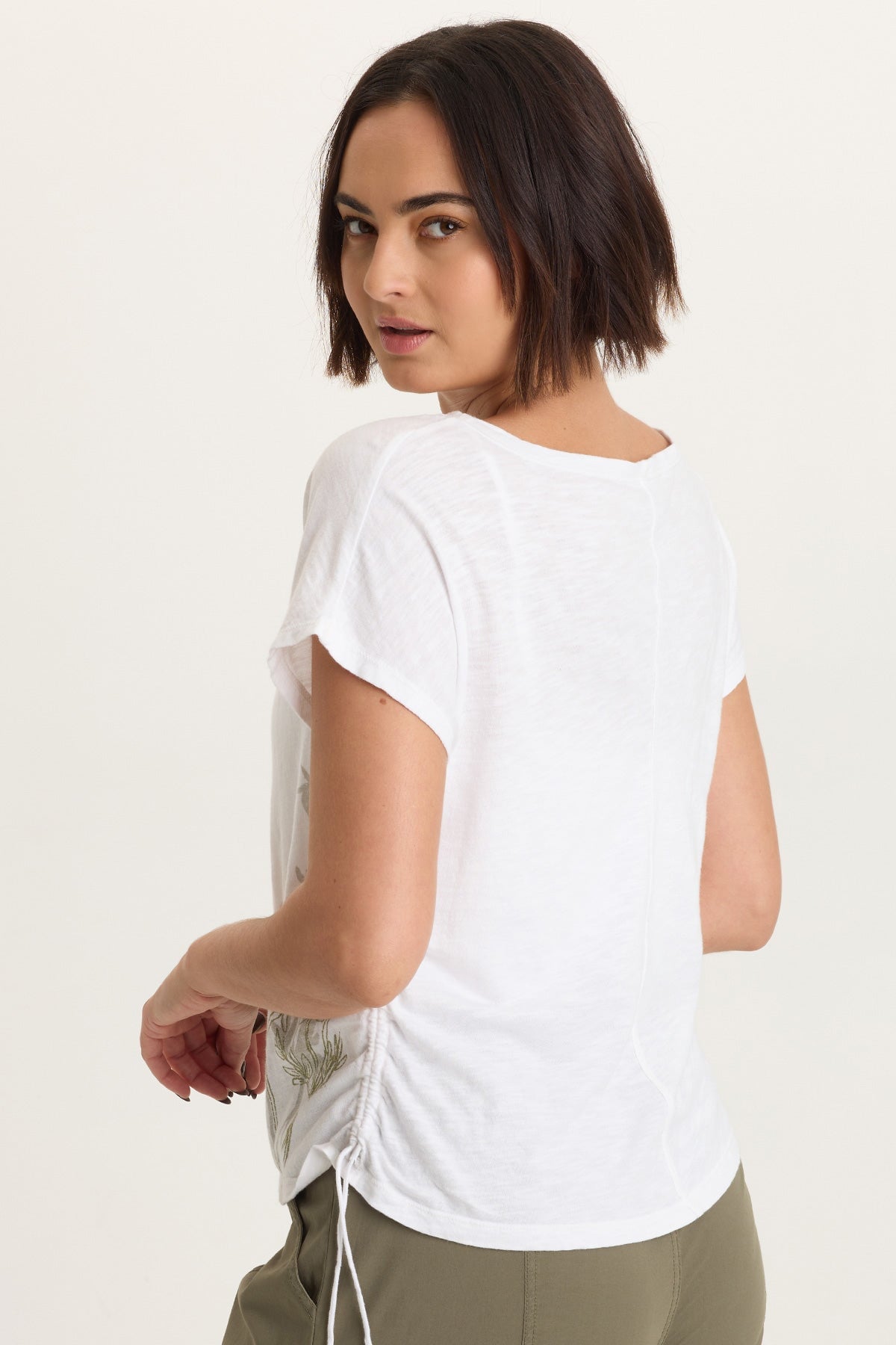 Printed Cohn Cotton Modal Jersey Cinchable Side Scoop Neck Tee White - XCVI