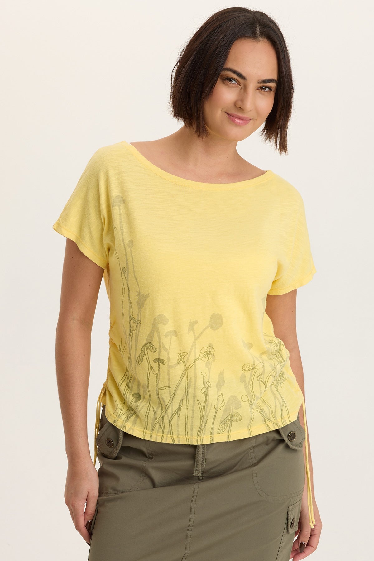 Printed Cohn Cotton Modal Jersey Cinchable Side Scoop Neck Tee Squash Blossom - XCVI
