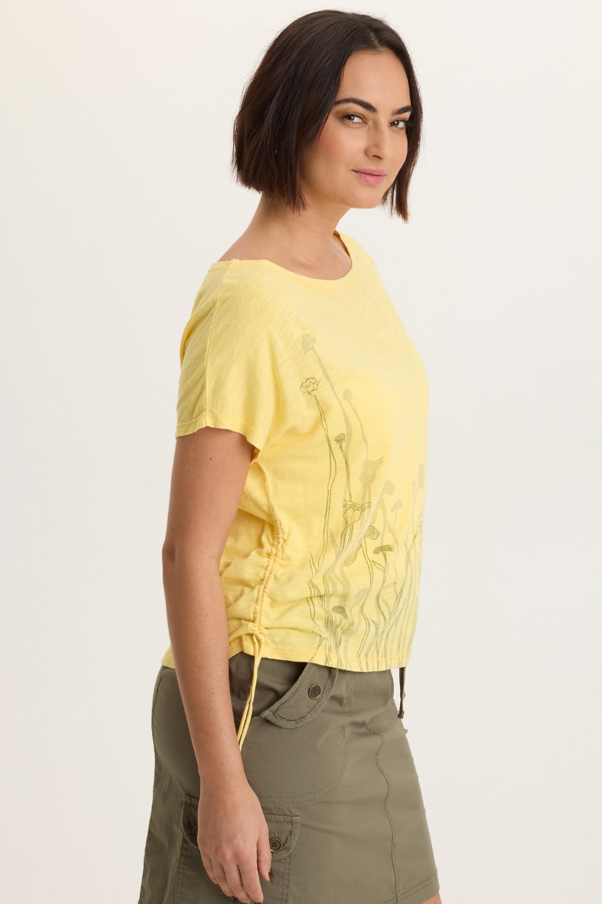 Printed Cohn Cotton Modal Jersey Cinchable Side Scoop Neck Tee Squash Blossom - XCVI