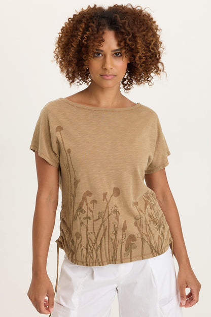 Printed Cohn Cotton Modal Jersey Cinchable Side Scoop Neck Tee Sepia Pigment - XCVI