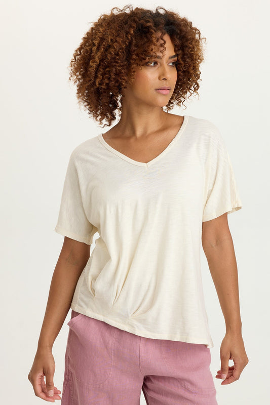 Anshel Cotton Modal Jersey Asymmetrical Wave Hem V-Neck Short Sleeve Tee Toasted Almond - XCVI