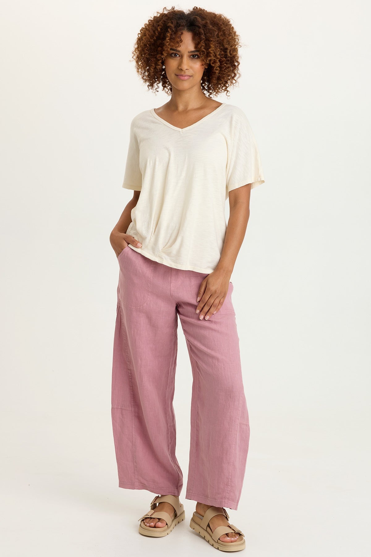 Anshel Cotton Modal Jersey Asymmetrical Wave Hem V-Neck Short Sleeve Tee Toasted Almond - XCVI