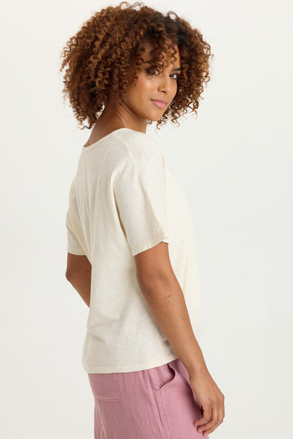 Anshel Cotton Modal Jersey Asymmetrical Wave Hem V-Neck Short Sleeve Tee Toasted Almond - XCVI