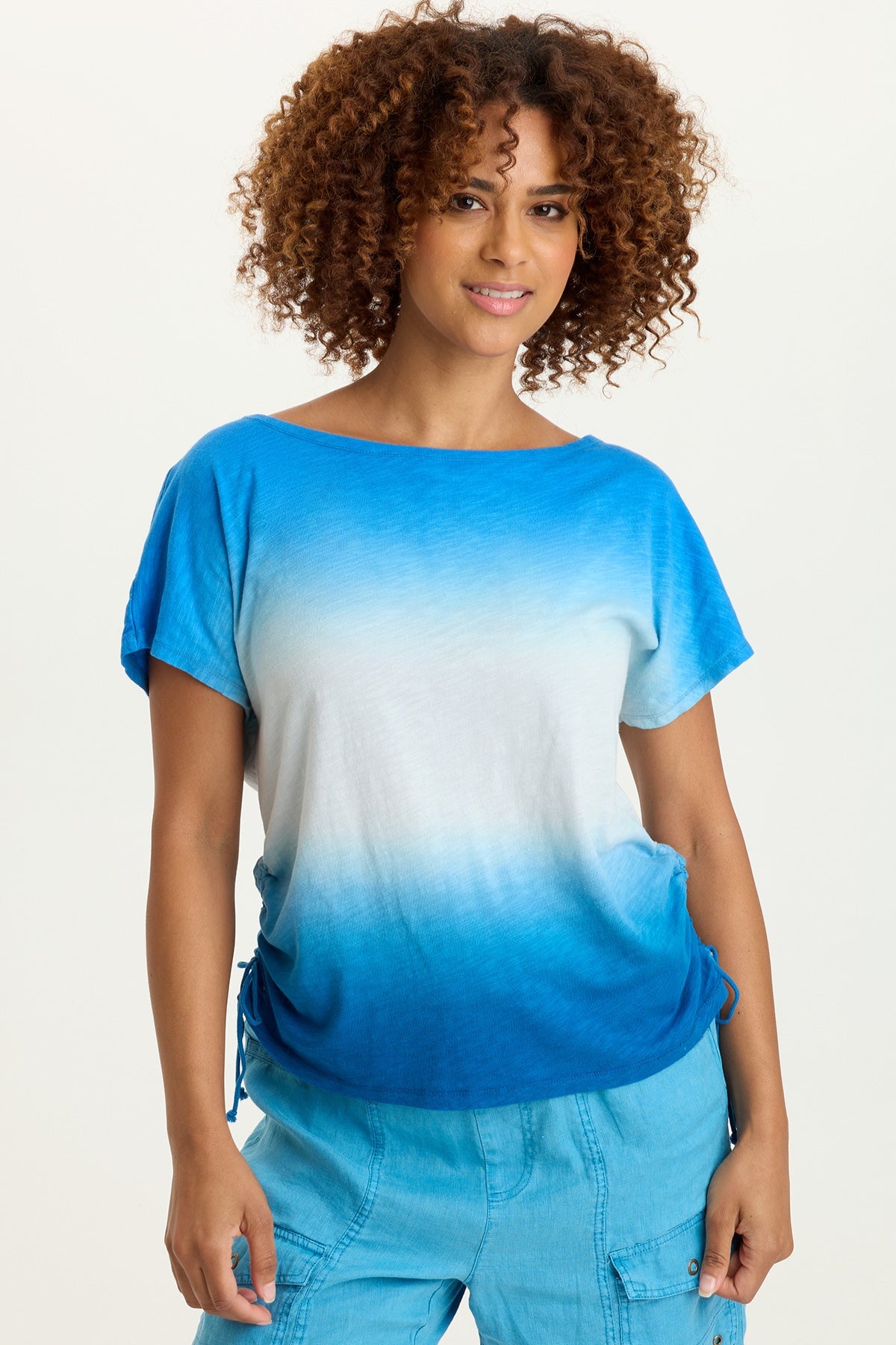 Cohn Cotton Modal Jersey Cinchable Side Scoop Neck Tee Motley Ombre Kismet - XCVI