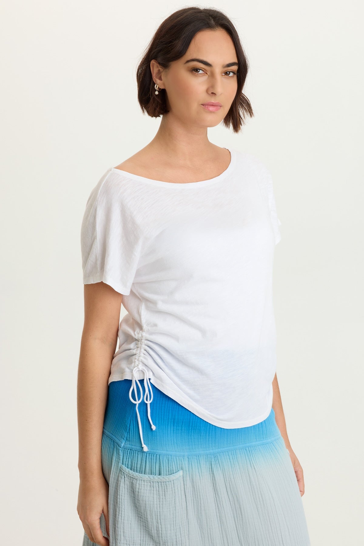 Cohn Cotton Modal Jersey Cinchable Side Scoop Neck Tee White - XCVI