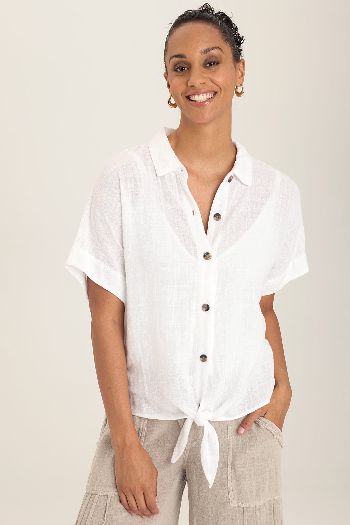Gauze Teagan Tie Top in White White - XCVI