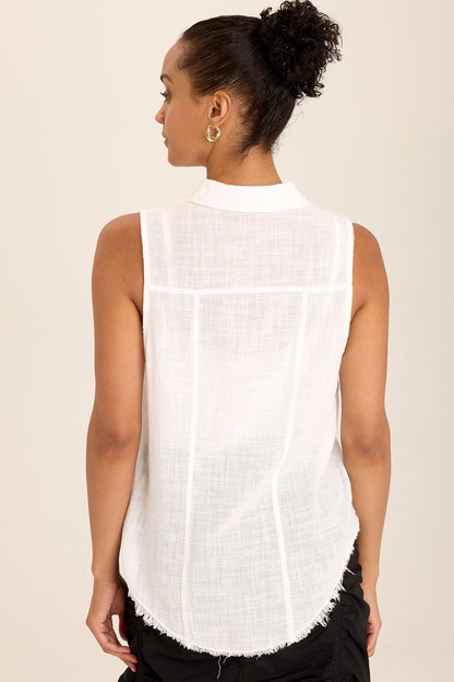 Wearables Otto Sleeveless Gauze Button-Up with raw-edge distressed hem in White White - XCVI