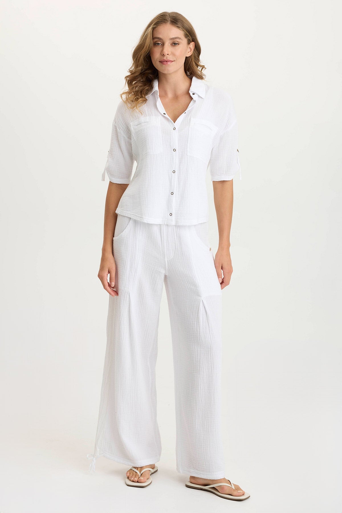 Maurise Gauze + Stretch Jersey Tabbed Classic Snap-Up Top White - XCVI