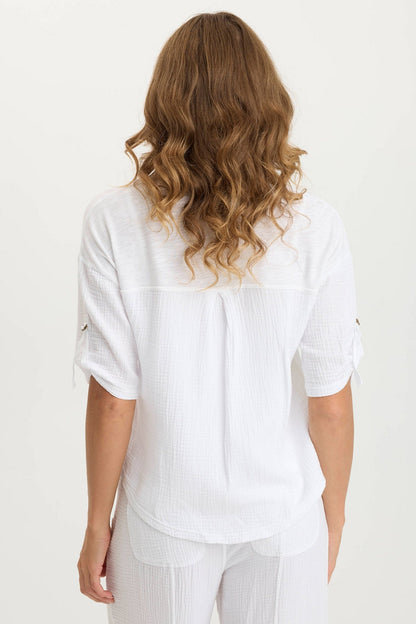 Maurise Gauze + Stretch Jersey Tabbed Classic Snap-Up Top White - XCVI