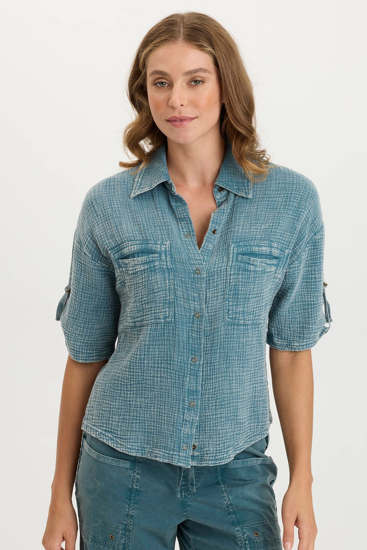 Maurise Gauze + Stretch Jersey Tabbed Classic Snap-Up Top Distress Wash Tideworn - XCVI