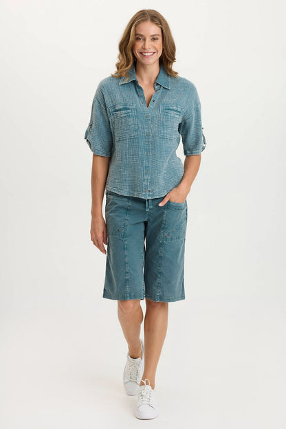 Maurise Gauze + Stretch Jersey Tabbed Classic Snap-Up Top Distress Wash Tideworn - XCVI