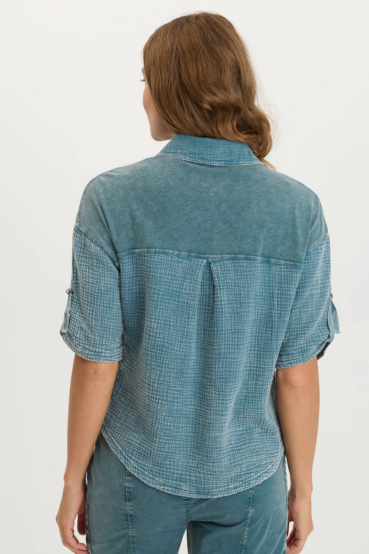 Maurise Gauze + Stretch Jersey Tabbed Classic Snap-Up Top Distress Wash Tideworn - XCVI