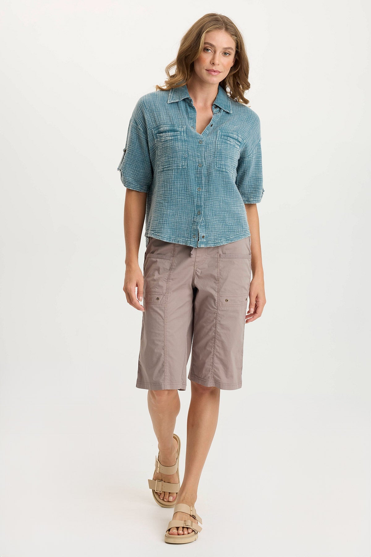 Maurise Gauze + Stretch Jersey Tabbed Classic Snap-Up Top Distress Wash Tideworn - XCVI