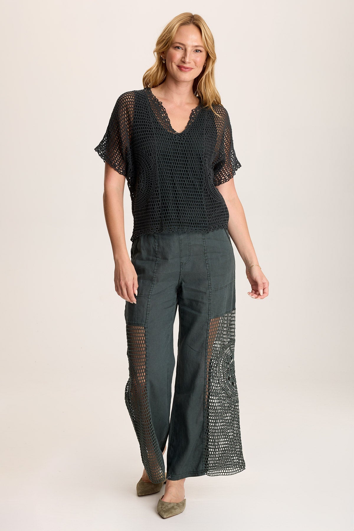 Centre Crochet Tee – Layered with Jersey Lining Silken Pine Pigment - XCVI