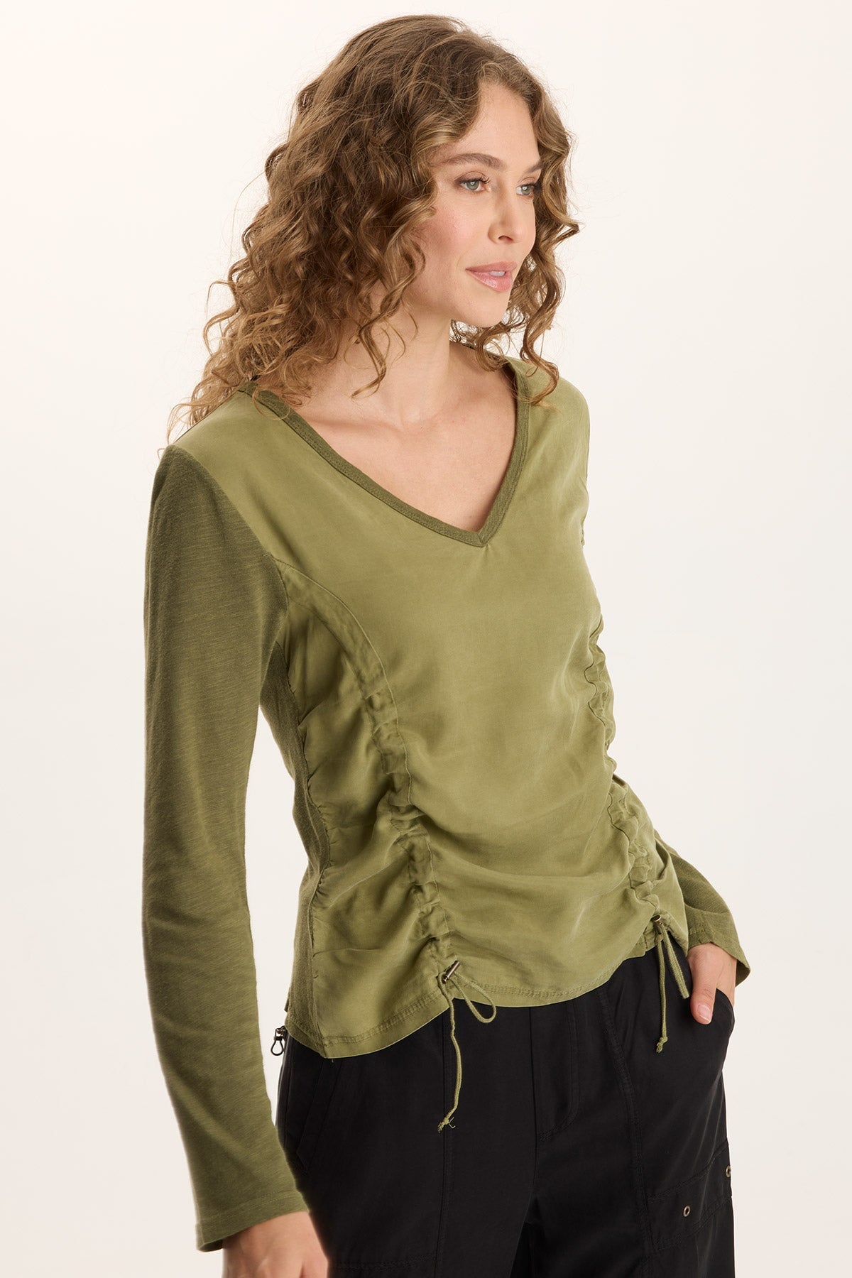 Ketti Cinched Ruched Twill/Jersey Top Thicket Pigment - XCVI