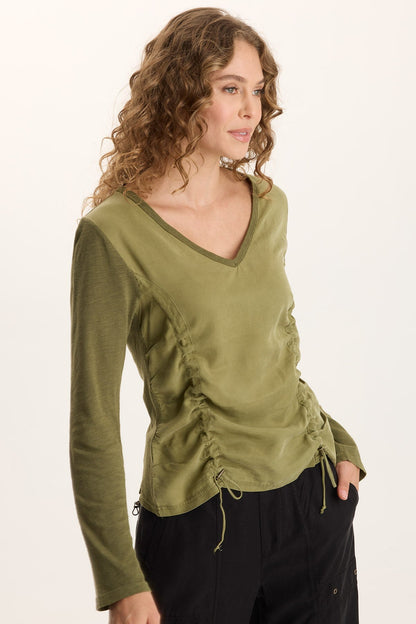 Ketti Cinched Ruched Twill/Jersey Top Thicket Pigment - XCVI