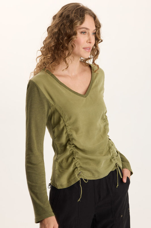 Ketti Cinched Ruched Twill/Jersey Top Thicket Pigment - XCVI
