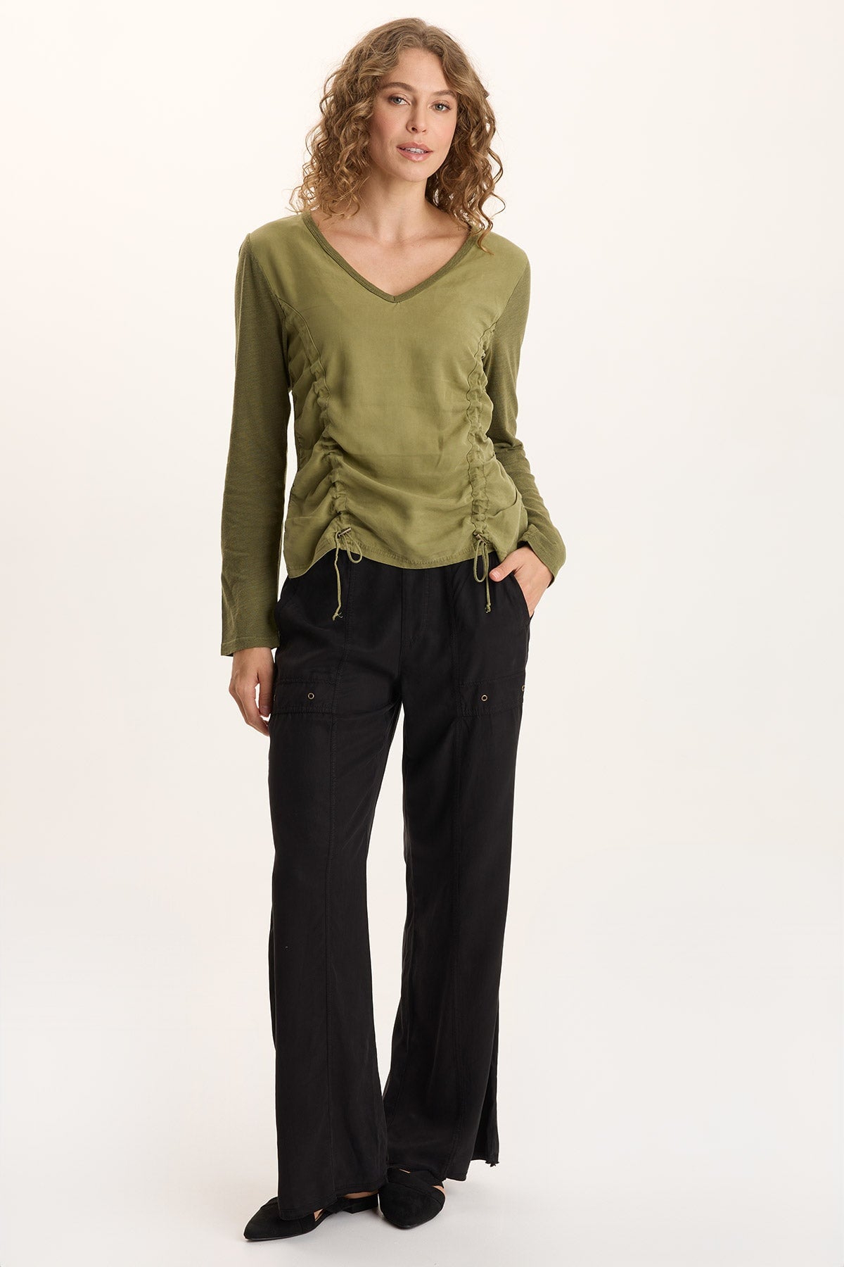Ketti Cinched Ruched Twill/Jersey Top Thicket Pigment - XCVI