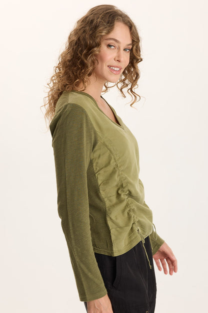 Ketti Cinched Ruched Twill/Jersey Top Thicket Pigment - XCVI