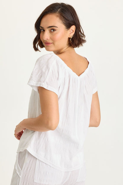 Wearables Selda Textured Gauze Cinched Tie Neck Flutter Short Sleeves Top White - XCVI
