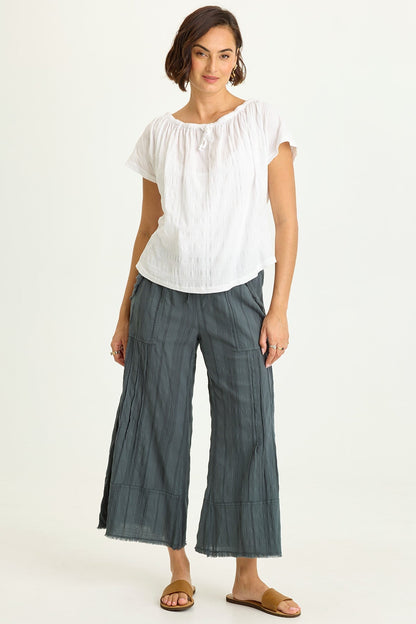 Wearables Selda Textured Gauze Cinched Tie Neck Flutter Short Sleeves Top White - XCVI