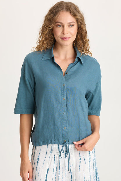 Balto Linen Snap-Up Top with Cinched Hem and Long Short Sleeves Dark Night - XCVI