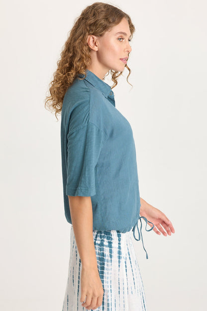 Balto Linen Snap-Up Top with Cinched Hem and Long Short Sleeves Dark Night - XCVI