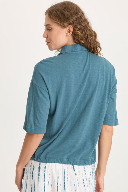 Balto Linen Snap-Up Top with Cinched Hem and Long Short Sleeves Dark Night - XCVI
