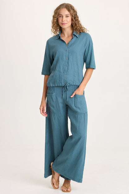 Balto Linen Snap-Up Top with Cinched Hem and Long Short Sleeves Dark Night - XCVI