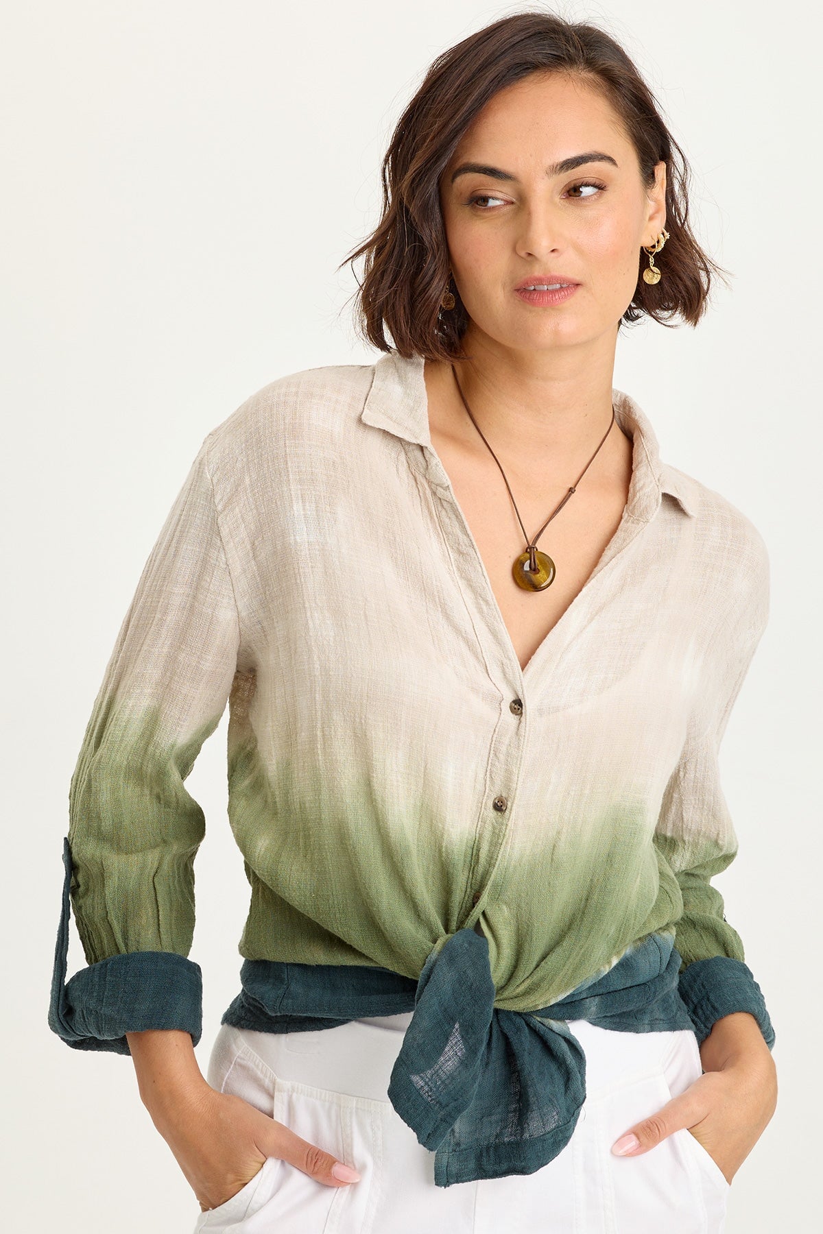 Wearables Porter Gauze Tabbed Sleeve Button-Up Blouse Tricolor Ombre Hawthorn - XCVI