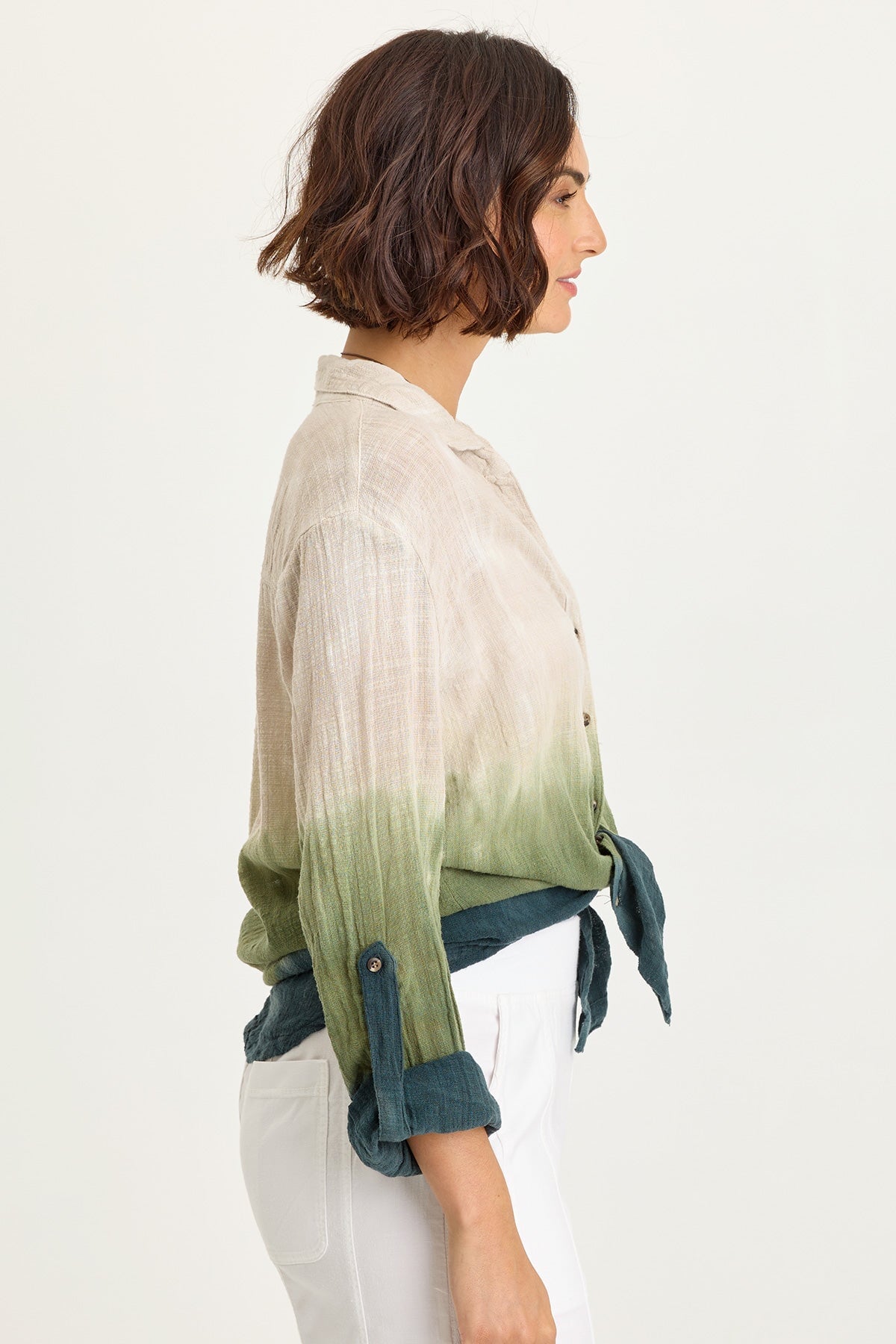 Wearables Porter Gauze Tabbed Sleeve Button-Up Blouse Tricolor Ombre Hawthorn - XCVI