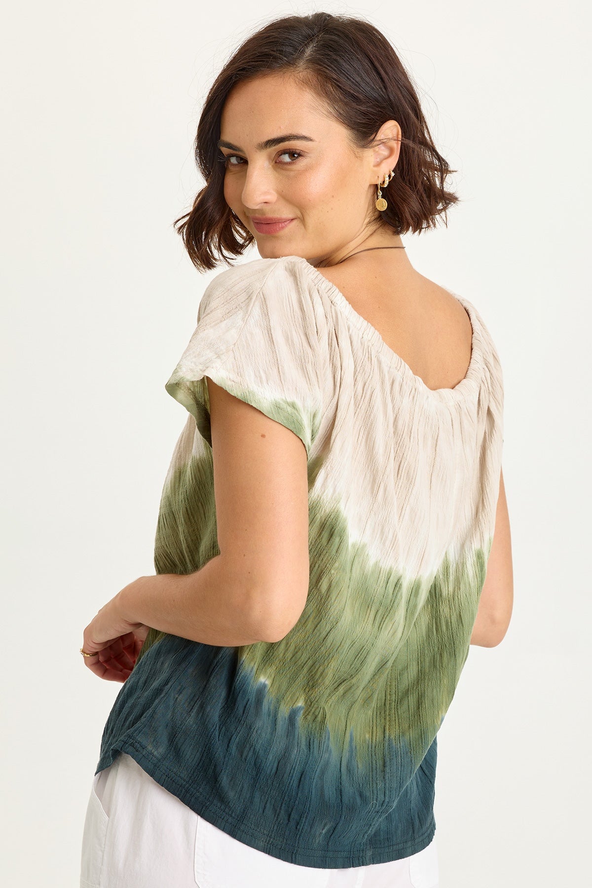 Wearables Selda Textured Gauze Cinched Tie Neck Flutter Short Sleeves Top Tricolor Ombre Hawthorn - XCVI