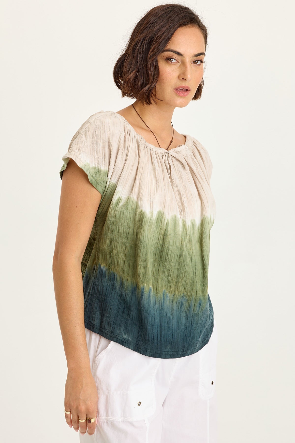 Wearables Selda Textured Gauze Cinched Tie Neck Flutter Short Sleeves Top Tricolor Ombre Hawthorn - XCVI