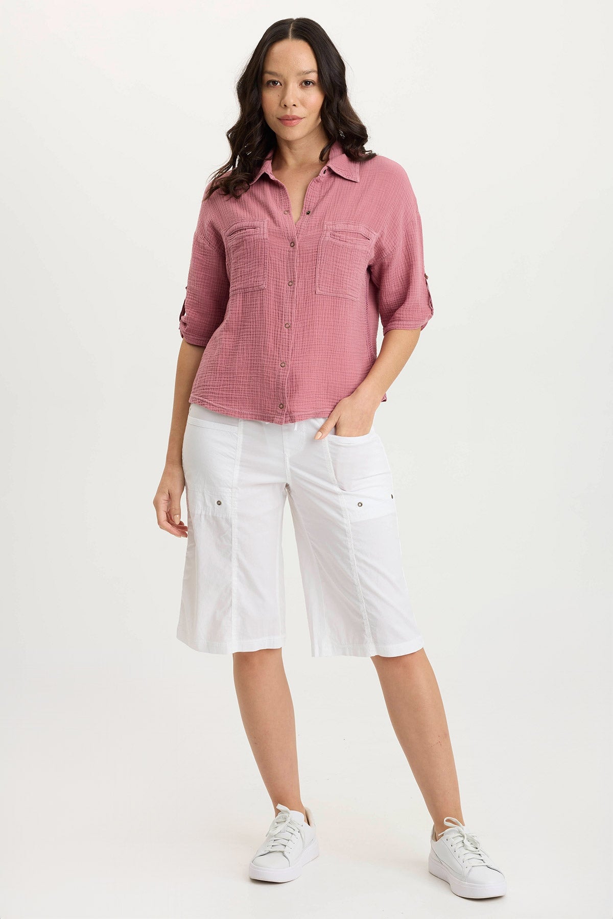 Maurise Gauze + Stretch Jersey Tabbed Classic Snap-Up Top Cherished Pigment - XCVI